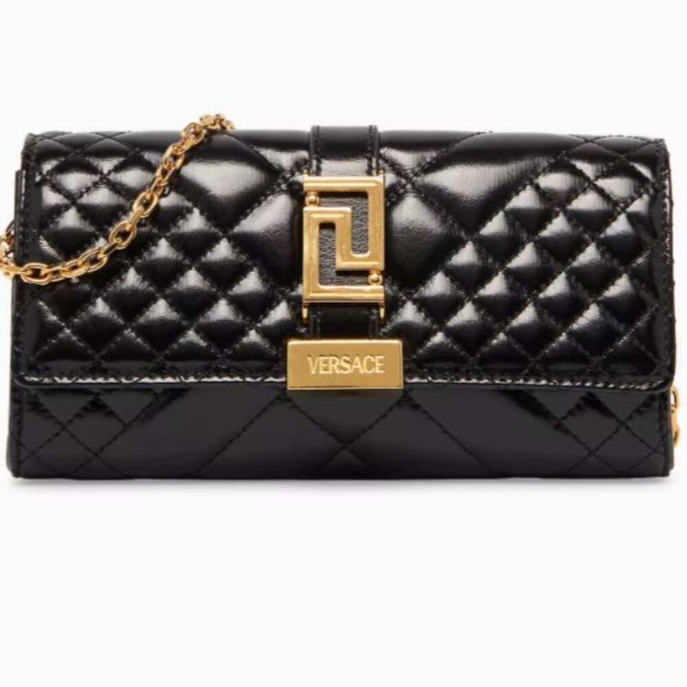 Versace Greca Goddess Mini Quilted Patent Leather Crossbody / Clutch Black